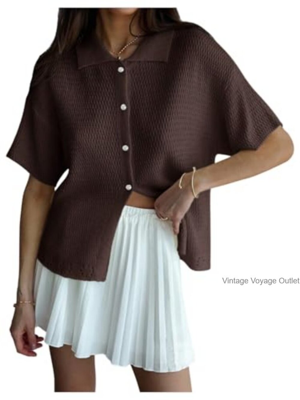 Short Sleeve Collared Button Down Cardigan Lightweight Knit Sweater